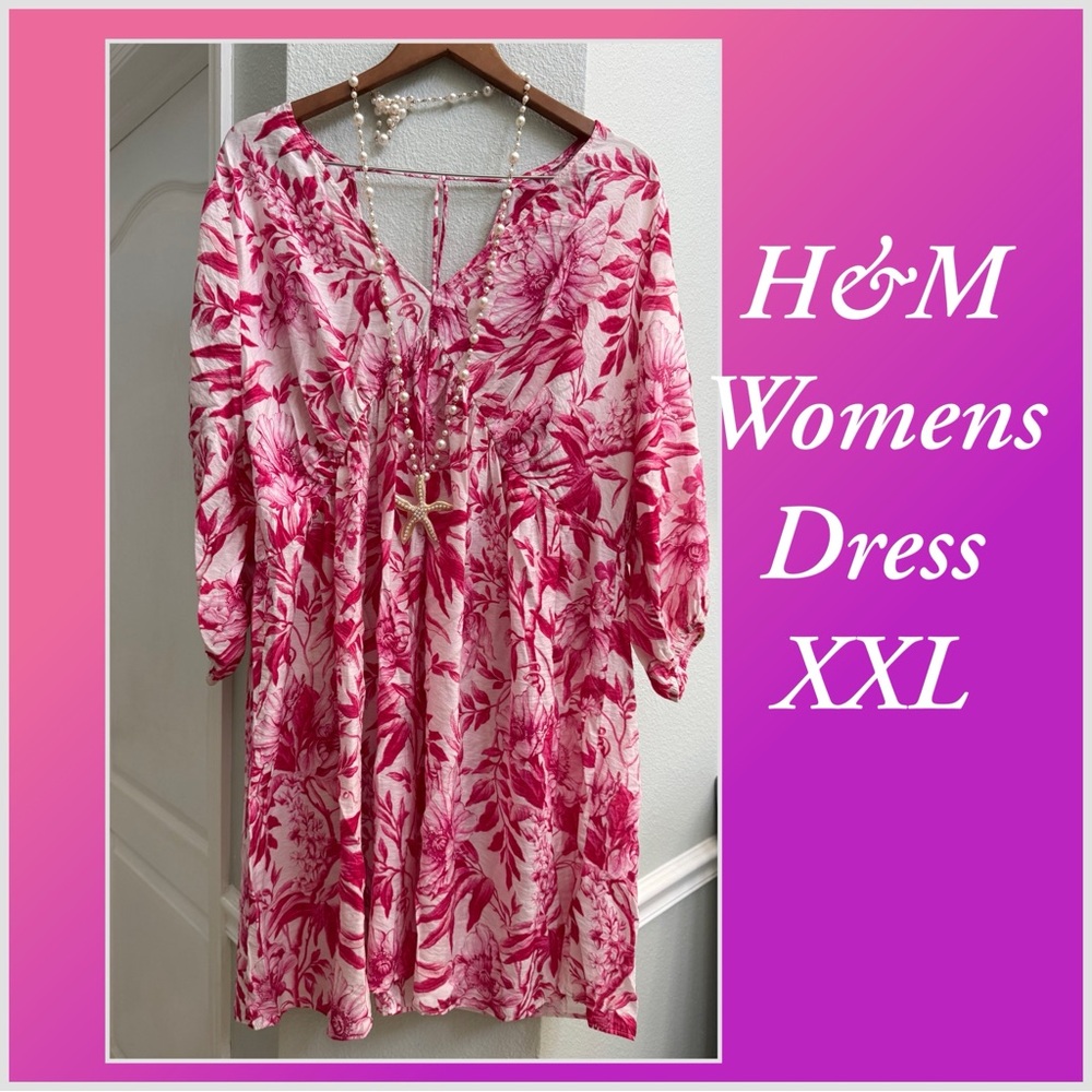 H&M Pink and White Floral summer Dress babydoll knee length v-neck long sleeve